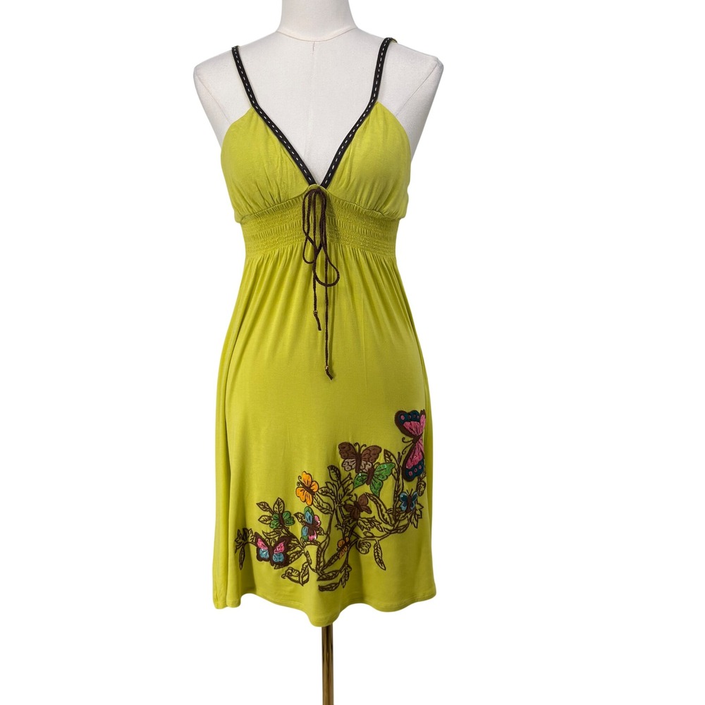 Y2K Soul Revival Butterfly Embroidered Babydoll Mini Dress M Leather Trim Hippie